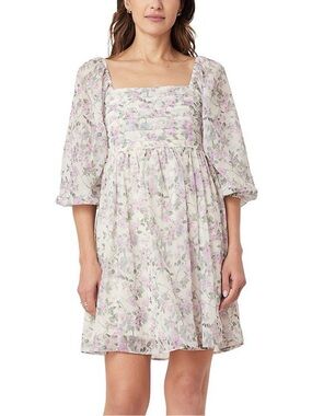 Floral Square-Neck Mini 3/4 sleeves Dress in Light Pink